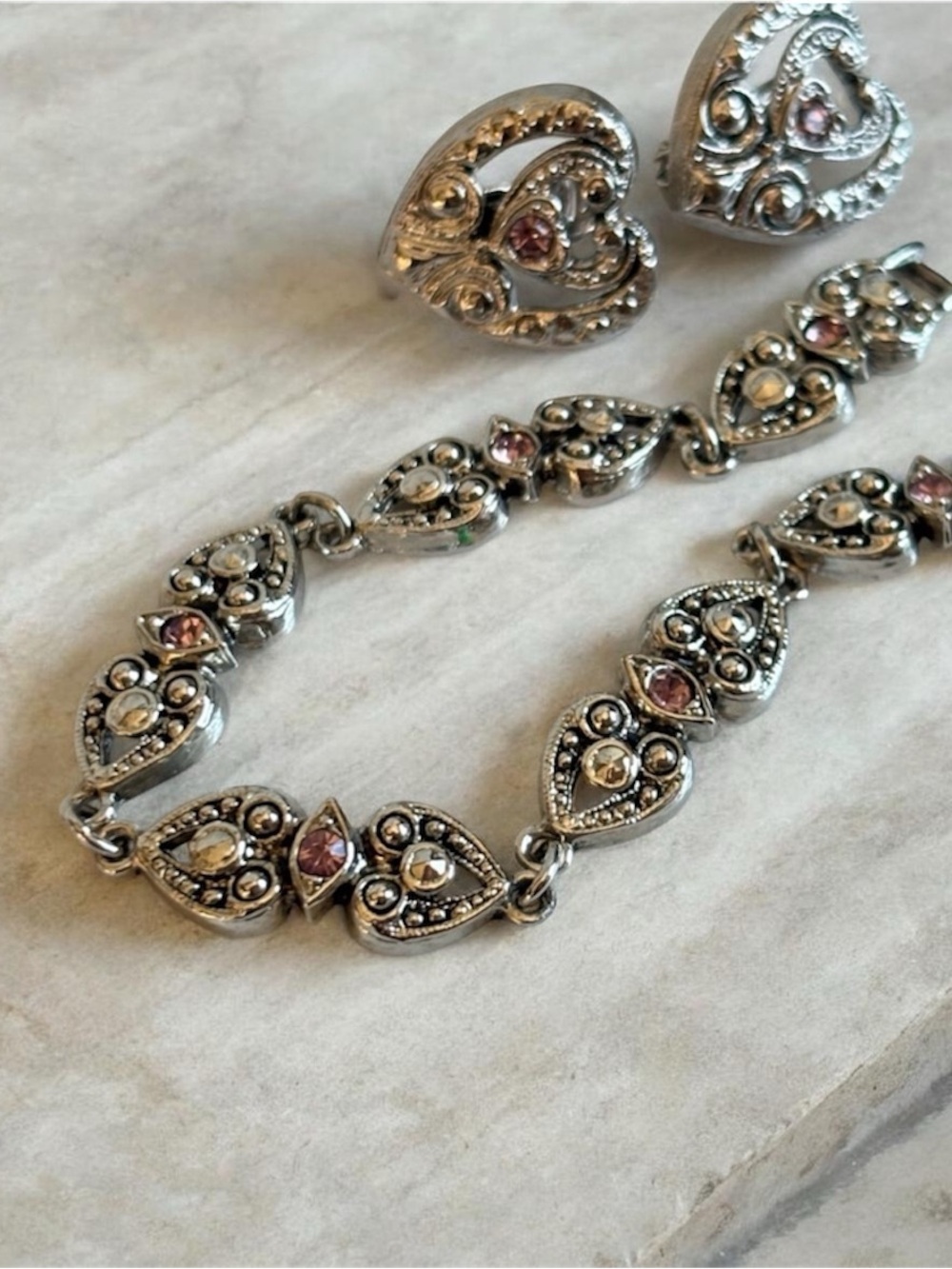 Vintage Avon 1995 Marcasite Heart Bracelet & Earrings Set Pink Rhinestone NIB